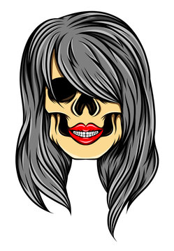 The artwork of the simple women skull with the long lovely hair for tattoo