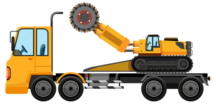Tow truck carrying construction car isolated on white background