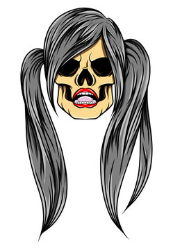 The unique women skull with the twin pony tail for the tattoo inspiration