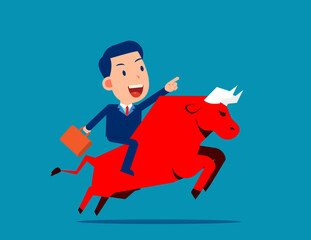 Ride a red bull. Bull market concept. Flat cartoon vector style design