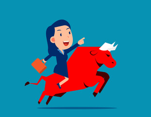 Ride a red bull. Bull market concept. Flat cartoon vector style design