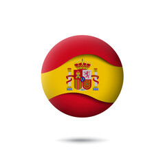 Spain flag icon in the shape of circle. Waving in the wind. Abstract waving spanish flag. Paper cut style. Vector symbol, icon, round button