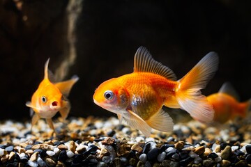 bright orange juvenile oranda goldfish, commercial aqua trade breed of wild Carassius auratus carp,...