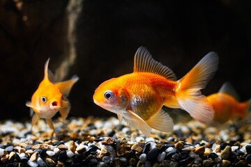 bright orange juvenile oranda goldfish, commercial aqua trade breed of wild Carassius auratus carp, popular ornamental fish in low light blurred background