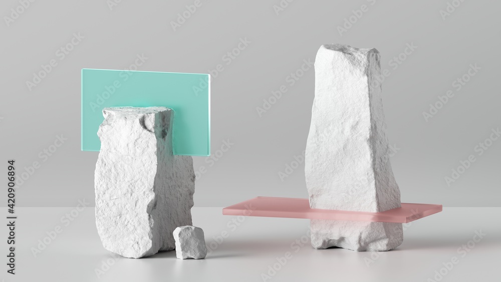 Poster 3d render, abstract background with white cobblestone ruins, broken rocks and golden frame. modern m