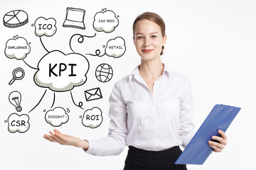 Business, technology, internet and network concept. Young businessman thinks over the steps for successful growth: KPI