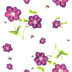 Seamless pattern with Hand drawn purple Clematis and Bumblebee