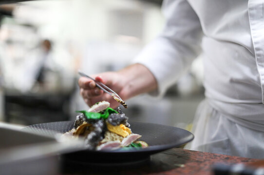 Chef preparing exotic dish of fig, flower and fried fish skin