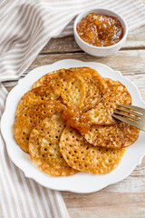 Homemade gluten-free pancakes made from rice, corn and buckwheat flour.