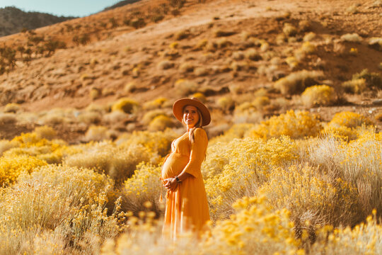 Pregnant woman walking in field landscape, Kennedy Meadows, California, US