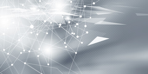 Gray halftone pattern with white line motion and network connection backdrop wallpaper. Clean Grey geometric background.