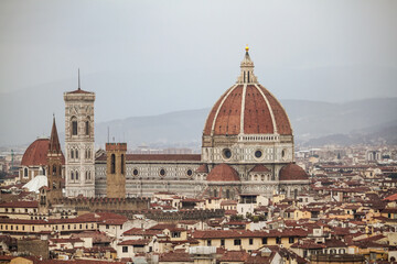 Cathedral and Duomo of Santa Maria del Fiore from Plaza Miguel Angel. Florence, Italy. Travel concept.