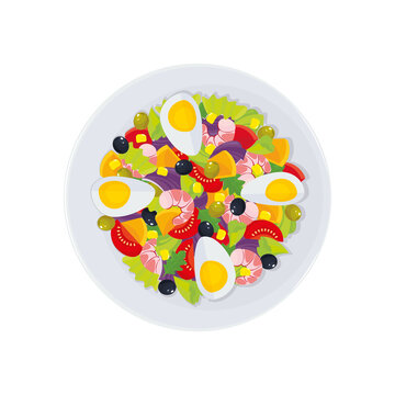 Traditional Spanish dish Mediterranean salad with shrimps, tomatoes, peppers, iceberg lettuce, red cabbage, corn, olives and egg. Vector illustration isolated on white, cartoon, icon, symbol, object