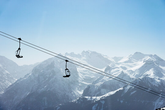 Snow covered mountain landscape with ski lift,  Alpe-d'Huez, Rhone-Alpes, France
