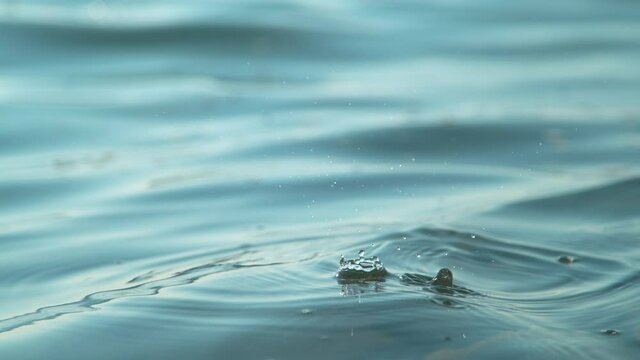 SLOW MOTION, CLOSE UP, DOF: Cinematic detailed shot of tiny drops of glassy water creating ripples in the calm sea. Small droplets of crystal clear liquid fall into the vast tranquil blue ocean.