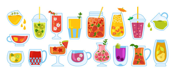 Hawaii cocktails, summer glass, cup, jar, and glass juice cartoon set. Tropical Strawberry Lemonade and Tea, Orange fresh Smoothie mug menu. Glass drinks hand drawn flat design. Vector illustration