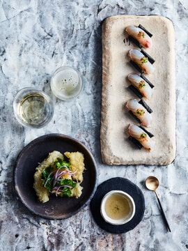 Ceviche sushi and flounder tempura with amazu salad