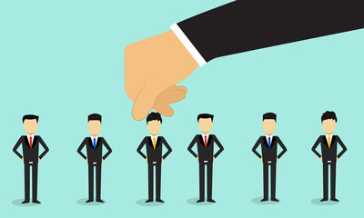 Businessman hand picking up selected man from group of businesspeople vector design.