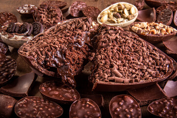 Cracked stuffed chocolate easter egg with grated chocolate on the top and lots of mini easter eggs and chocolates all around it on a wooden table.