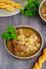 Portobello mushroom soup with potato and pearl barley.