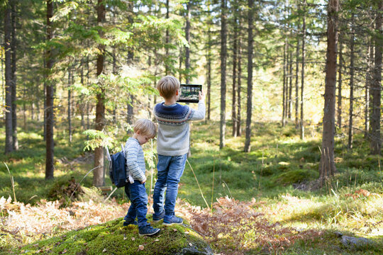 Toddler with brother taking photograph of forest