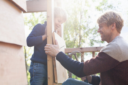 Father and son building treehouse together in garden
