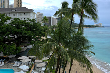 Diamond Head and Waikiki as seen from a beach side resort Hotel.