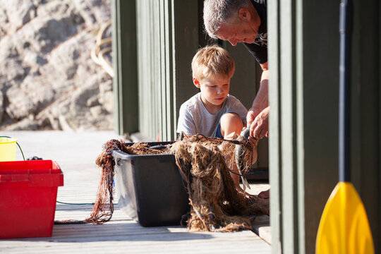 Fisherman and boy removing fish from fishing net on pier