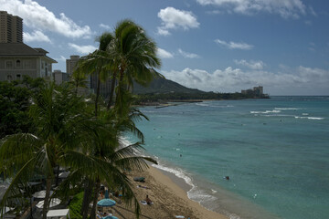 Diamond Head and Waikiki as seen from a beach side resort Hotel.
