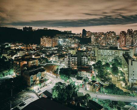 Night scene of highrise buildings, Taipei, Taiwan