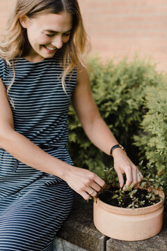  Woman gardener tending to seedlings