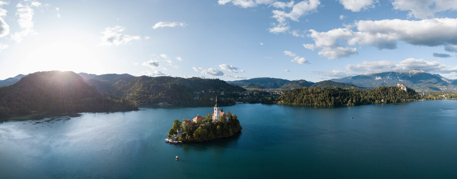 Aerial view of Bled Island with Church of the Assumption at dawn, Lake Bled, Upper Carniola, Slovenia 