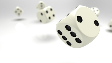 Rolling white-black dices under white background. 3D CG. 3D illustration. 3D high quality rendering.