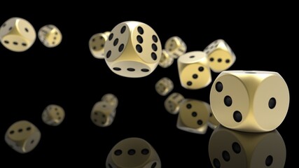 Rolling gold-black dices under white background. 3D CG. 3D illustration. 3D high quality rendering.