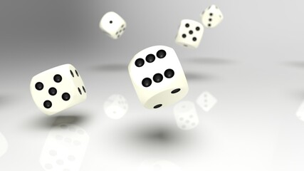 Rolling white-black dices under white background. 3D CG. 3D illustration. 3D high quality rendering.