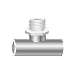 PVC plastic pipe fitting vector design isolated on white background. 3 way with opening 2 end and 1 male thread. Part for pipeline system, plumbing, drainage, vent, waste, sewage and water supply.
