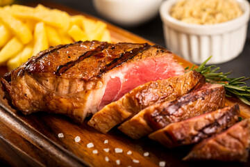 Grilled steak with french fries, brazilian farofa and salad.