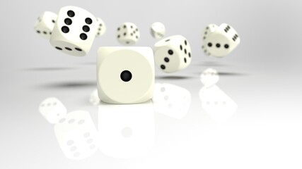 Rolling white-black dices under white background. 3D CG. 3D illustration. 3D high quality rendering.