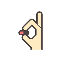 Hand and finger to hold or show capsule of pill, vitamin or cleaning product vector icon design isolated on white background. Concept for medical, pain, health care and treatment by take medicine.