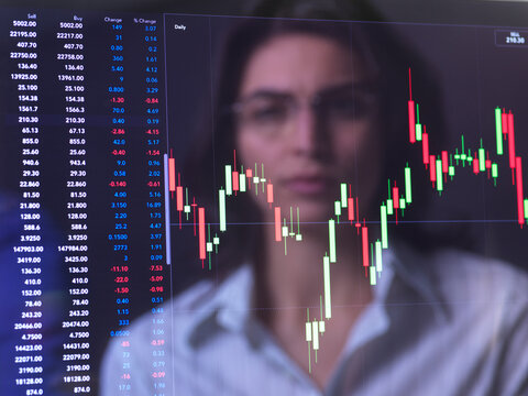 Female analyst viewing financial market data on a screen.
