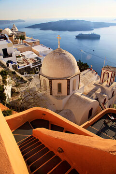 Whitewashed, cubiform church and buildings, Santorini Island (Thira) Cyclades, Greece