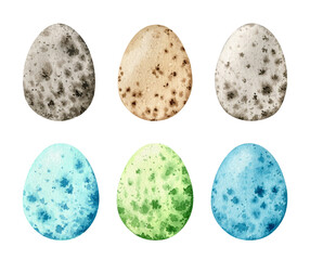 Watercolor set with natural and colored quail eggs isolated on white background. Easter design elements. Hand-drawn illustration. Perfect for your project, cards, print, menu, decorations.