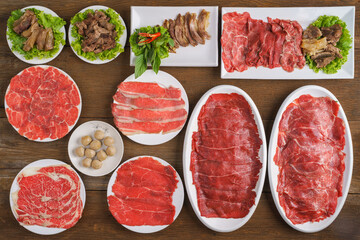 sliced fresh beef meat stewed beef and meat ball for shabu or hot pot