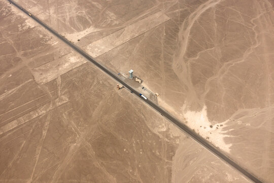 Aerial view of Nazca Lines, pre-Columbian geoglyphs etched into desert sands, Nazca, southern Peru.