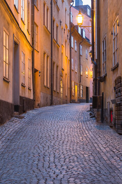 View along an empty Gamla Stan, Stockholm, Sweden during the Corona virus crisis.