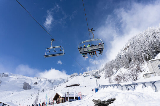 Low Angle View Of Ski Lift In Chamonix, France.