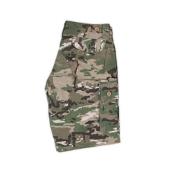 Striped shorts with metal hanger isolated on white background. Men's shorts made up. Men's summer...