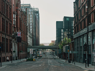 Deserted city centre streets in Manchester during lockdown period in the Coronavirus pandemic.