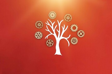 The tree is white, with wooden gears on a red background. Joint project, business planning.