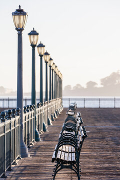 View along empty Pier 7, The Embarcadero, San Francisco, California, USA during the Corona virus crisis..